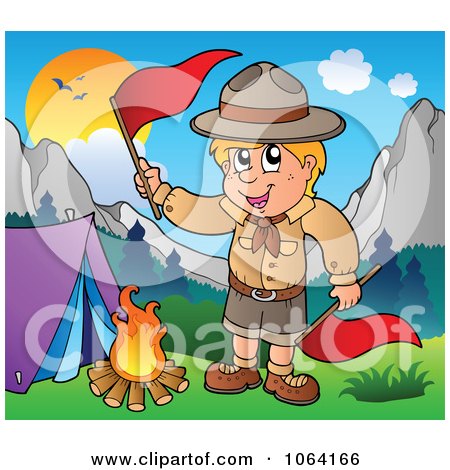 Clipart Camping Scout Boy Waving Red Flags - Royalty Free Vector Illustration by visekart