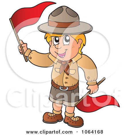 Clipart Scout Boy Waving Red Flags - Royalty Free Vector Illustration by visekart