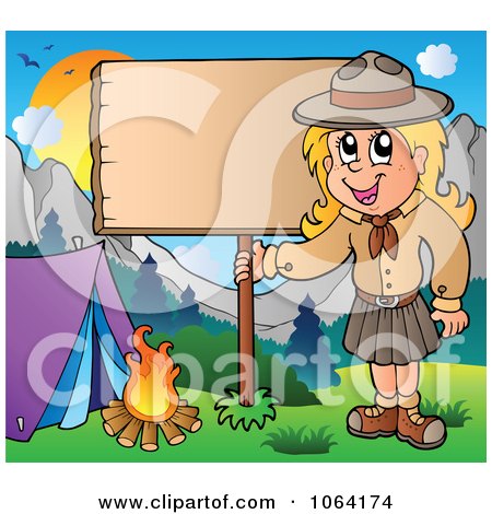Clipart Camping Scout Girl With A Blank Sign - Royalty Free Vector Illustration by visekart