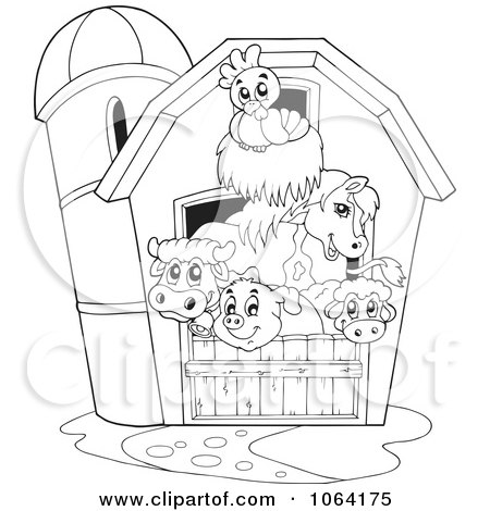 Clipart Outlined Barnyard Animals In A Barn - Royalty Free Vector Illustration by visekart