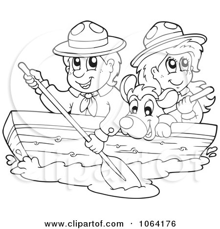 Clipart Outlined Boy And Girl Scout Boating With A Dog - Royalty Free Vector Illustration by visekart