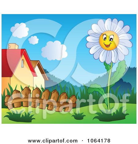 Clipart White Daisy In A Garden Near Houses - Royalty Free Vector Illustration by visekart