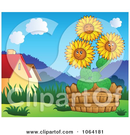 Clipart Sunflowers In A Garden Near Houses - Royalty Free Vector Illustration by visekart