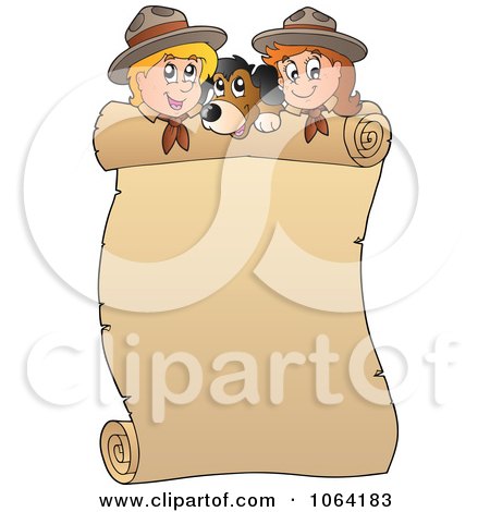 Clipart Scouts And A Dog With A Blank Scroll - Royalty Free Vector Illustration by visekart
