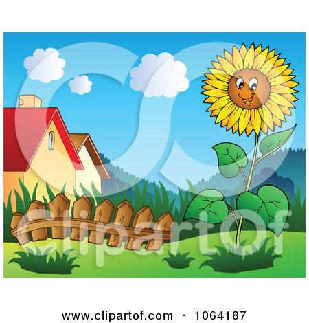Clipart Sunflower In A Garden Near Houses - Royalty Free Vector Illustration by visekart