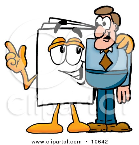 Clipart Picture of a Paper Mascot Cartoon Character Talking to a Business Man by Mascot Junction