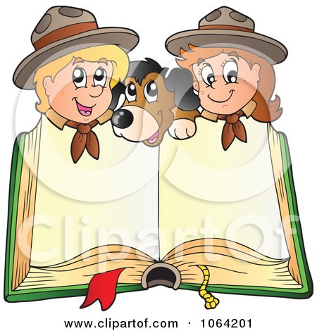 Clipart Scouts And A Dog With A Blank Book - Royalty Free Vector Illustration by visekart