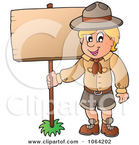 Clipart Scout Boy With A Wood Sign - Royalty Free Vector Illustration by visekart