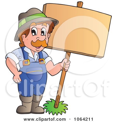 Clipart Farmer Holding A Sign - Royalty Free Vector Illustration by visekart