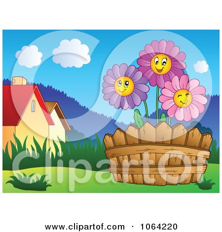 Clipart Daisies In A Garden Near Houses - Royalty Free Vector Illustration by visekart