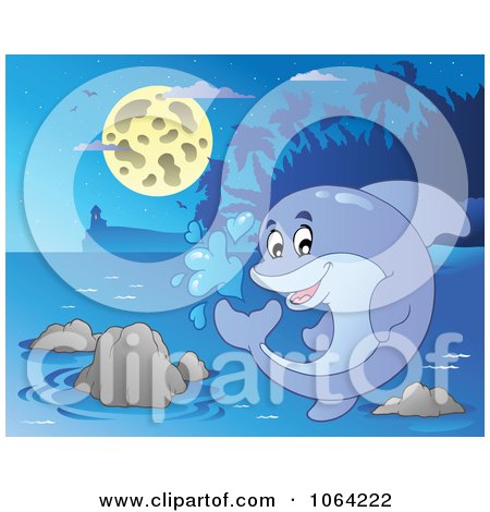 Clipart Playful Dolphin Splashing At Night - Royalty Free Vector Illustration by visekart