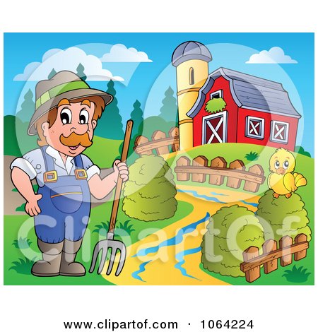 Clipart Farmer And Chick By A Barn - Royalty Free Vector Illustration by visekart