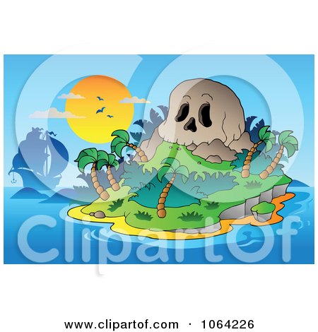 Clipart Ship By A Skull Mountain Tropical Island - Royalty Free Vector Illustration by visekart