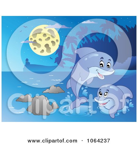 Clipart Dolphins Playing At Night - Royalty Free Vector Illustration by visekart