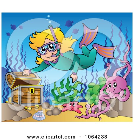 Clipart Snorkeling Girl And Sunken Treasure - Royalty Free Vector Illustration by visekart
