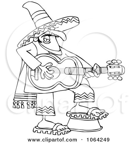 Clipart Outlined Mexican Guitarist - Royalty Free Vector Illustration by djart