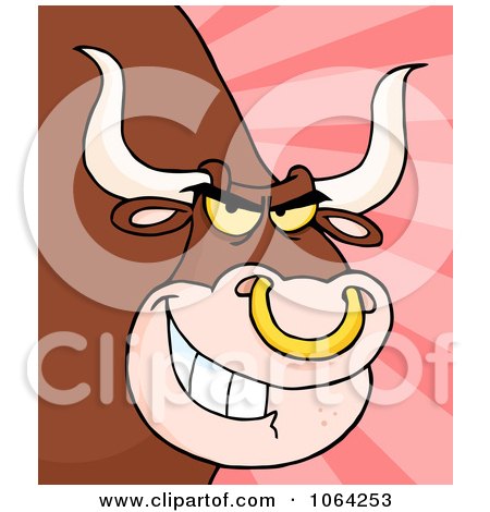 Clipart Grinning Bull With A Nose Ring Over Rays - Royalty Free Vector Illustration by Hit Toon