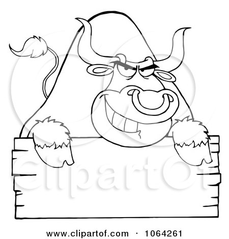 Clipart Outlined Bull And Blank Sign - Royalty Free Vector Illustration by Hit Toon