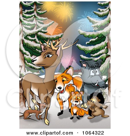 Clipart Wild Animals And Fireworks In The Woods - Royalty Free Illustration by dero