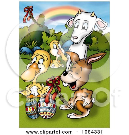 Clipart Animals And Easter Eggs Under A Rainbow - Royalty Free Illustration by dero