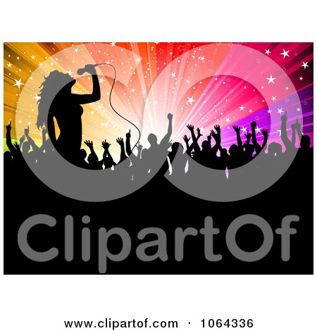 Clipart Silhouetted Singer And Fans Against Colorful Rays - Royalty Free Vector Illustration by KJ Pargeter