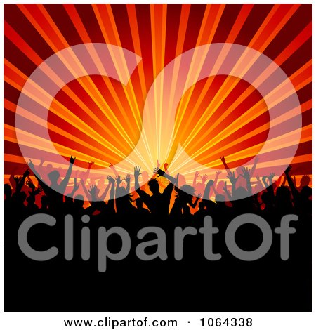 Clipart Silhouetted Crowd With Orange And Red Rays - Royalty Free Vector Illustration by KJ Pargeter