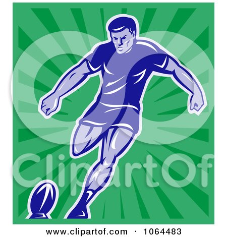 Clipart Rugby Player Kicking Over Green - Royalty Free Vector Illustration by patrimonio