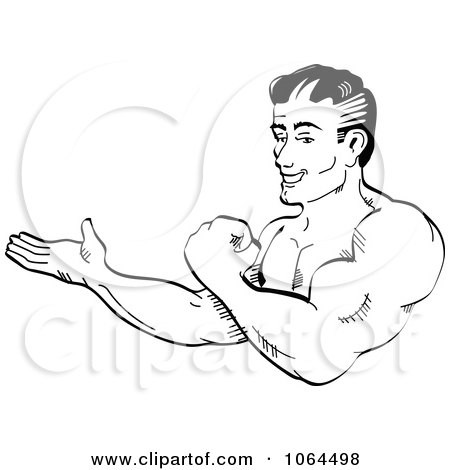 Clipart Retro Bodybuilder Flexing And Presenting - Royalty Free Vector Illustration by Andy Nortnik