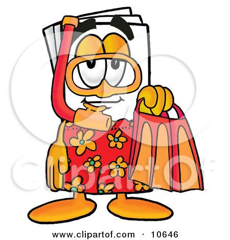 Clipart Picture of a Paper Mascot Cartoon Character in Orange and Red Snorkel Gear by Mascot Junction
