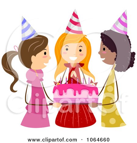 Clipart Friends Holding A Birthday Girls Cake - Royalty Free Vector Illustration by BNP Design Studio