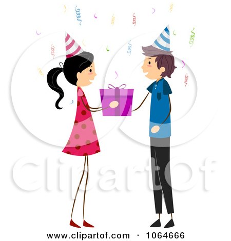 Clipart Girl Giving A Boy A Birthday Gift - Royalty Free Vector Illustration by BNP Design Studio