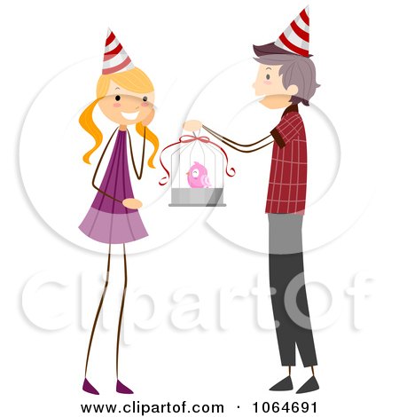 Clipart Boy Giving A Birthday Girl A Bird - Royalty Free Vector Illustration by BNP Design Studio