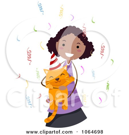 Clipart Black Girl Holding Her Birthday Cat - Royalty Free Vector Illustration by BNP Design Studio