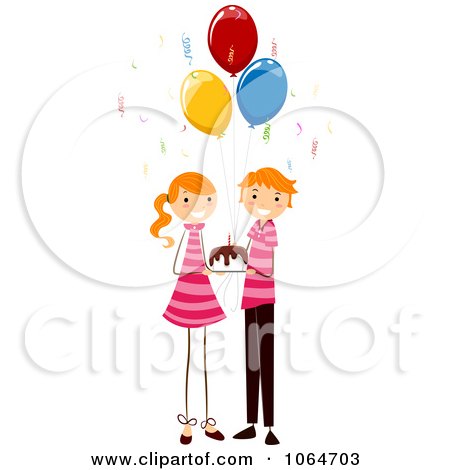 Clipart Birthday Twin Boy And Girl Holding A Cake - Royalty Free Vector Illustration by BNP Design Studio