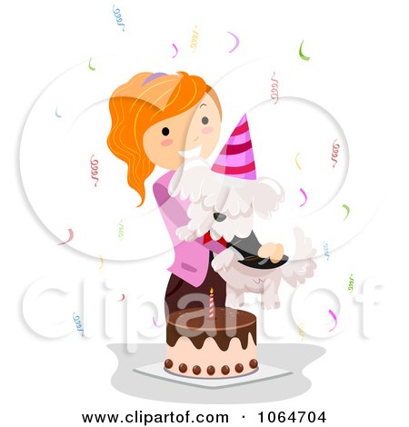 Clipart Girl With A Cake And Birthday Dog - Royalty Free Vector Illustration by BNP Design Studio