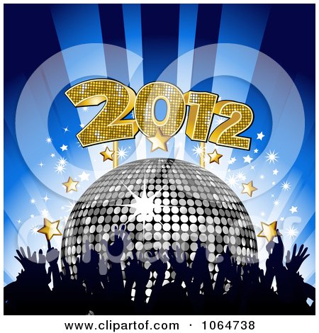 Clipart Crowd, Silver Disco Ball, Stars And 2012 - Royalty Free Vector Illustration by elaineitalia