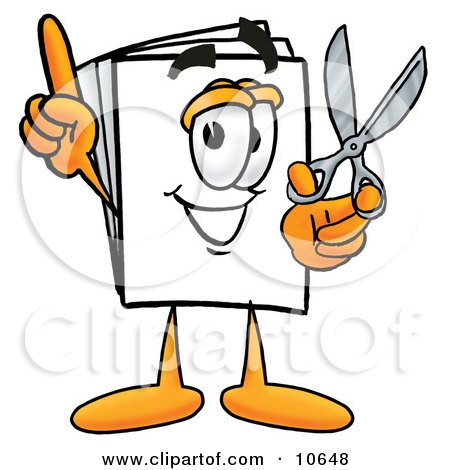 Clipart Picture of a Paper Mascot Cartoon Character Holding a Pair of Scissors by Mascot Junction