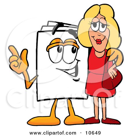 Clipart Picture of a Paper Mascot Cartoon Character Talking to a Pretty Blond Woman by Mascot Junction