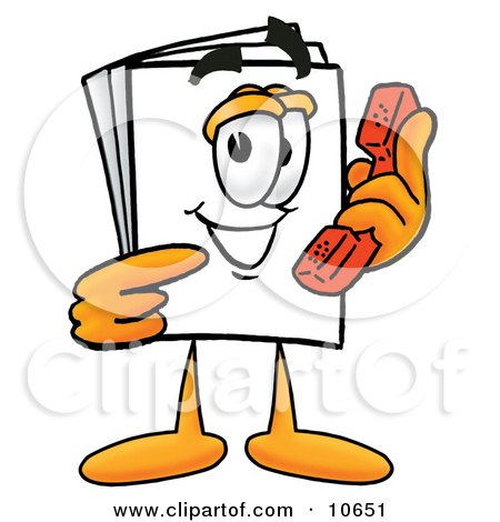 Clipart Picture of a Paper Mascot Cartoon Character Holding a Telephone by Mascot Junction