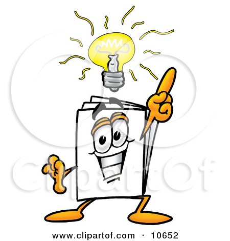 Clipart Picture of a Paper Mascot Cartoon Character With a Bright Idea by Mascot Junction