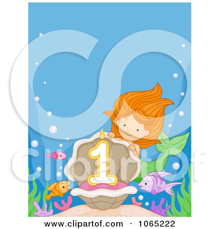 Clipart Mermaid Presenting A First Birthday Candle - Royalty Free Vector Illustration by BNP Design Studio