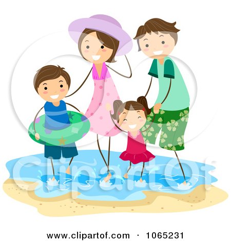 Clipart Stick Family Playing In The Surf At The Beach - Royalty Free Vector Illustration by BNP Design Studio