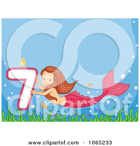 Clipart Mermaid Presenting A Seventh Birthday Candle - Royalty Free Vector Illustration by BNP Design Studio