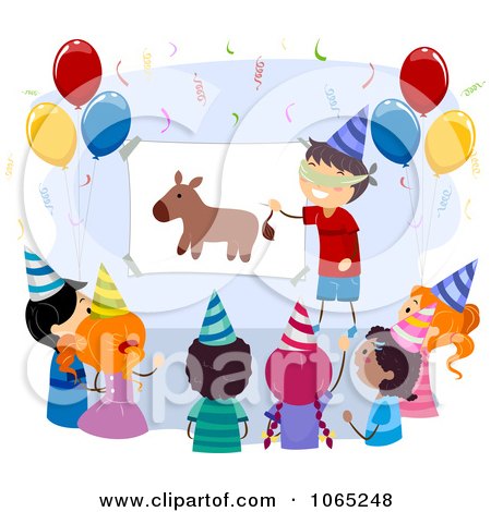 Clipart Birthday Kids Pinning The Tail On The Donkey - Royalty Free Vector Illustration by BNP Design Studio