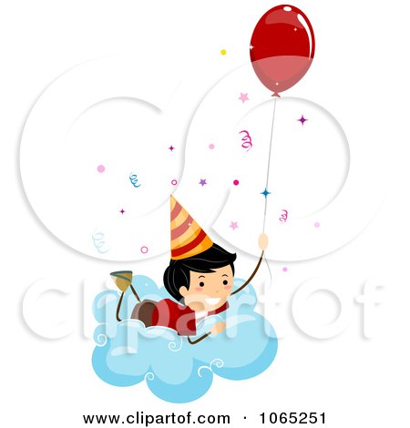 Clipart Stick Birthday Boy On A Cloud With A Balloon - Royalty Free Vector Illustration by BNP Design Studio