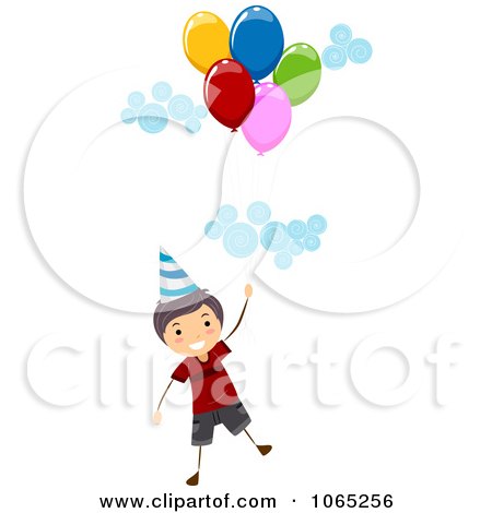Clipart Stick Birthday Boy Floating With Balloons 1 - Royalty Free Vector Illustration by BNP Design Studio