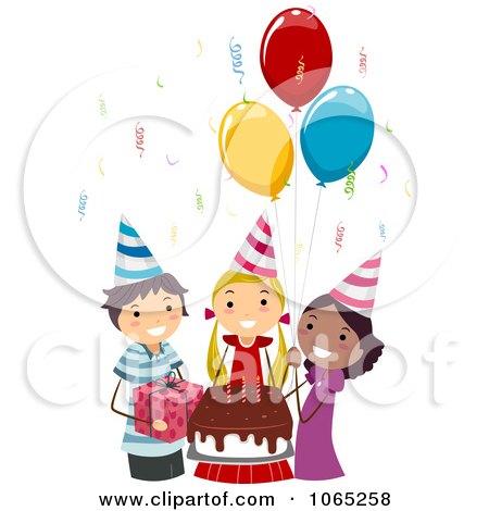 Clipart Friends With A Birthday Girl And Chocolate Cake - Royalty Free Vector Illustration by BNP Design Studio