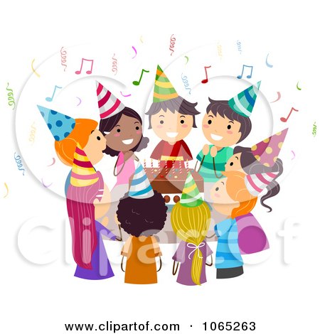 Clipart Kids Singing Happy Birthday Around A Cake - Royalty Free Vector Illustration by BNP Design Studio