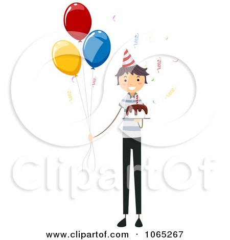 Clipart Stick Birthday Boy With A Cake And Balloons - Royalty Free Vector Illustration by BNP Design Studio