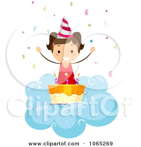 Clipart Birthday Girl And Cake On A Cloud - Royalty Free Vector Illustration by BNP Design Studio